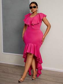Slaydiva Plus Size Women's Yellow Ruffle Trim Asymmetric Hem Fitted Long Dress, Elegant For Party, Occasion And Date Night, Spring/Summer - Hot Pink - View 4