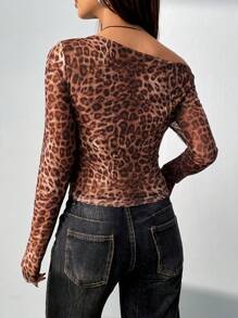 Chiquease Women Leopard Print Asymmetric Neck Ruched Long Sleeve T-Shirt Fall Cloth For Women - Multicolor - View 2