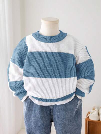 SHEIN 1 件年轻男孩休闲运动舒适温暖撞色圆领宽松针织毛衣，适合上学、日常聚会、秋冬季