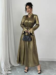 Chiquease Vestido de mujer con cuello en forma de ojal, mangas acampanadas y tela recubierta - Dorado - Ver 1