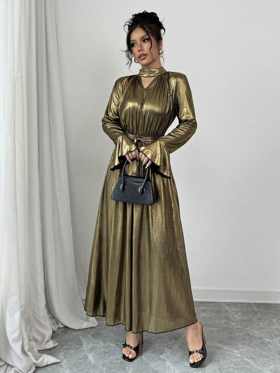 Chiquease Vestido de mujer con cuello en forma de ojal, mangas acampanadas y tela recubierta - Dorado - Ver 1
