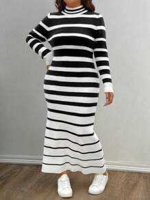 Flirla 大码立领长袖条纹简约长款毛衣裙，休闲修身，适合冬季 - 黑與白 - 查看 4