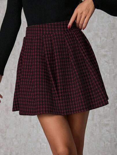 EURMUSE Cotton Line 100% Cotton Plus Size Women's Houndstooth Patterned Knitted Mini Skirt With Elastic Waist