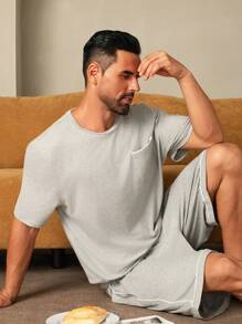 2 件套男士纯色圆领短袖口袋衬衫和短裤睡衣套装 - 淺灰色 - 查看 7