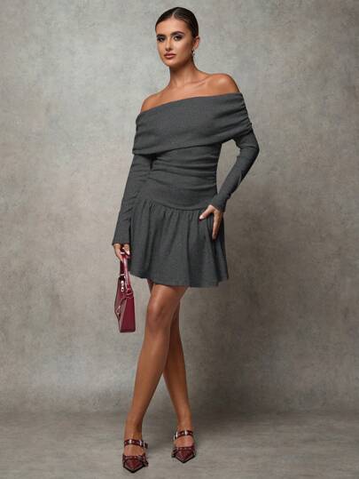 SHEIN BAE Women's Chic Dark Grey Off-Shoulder Ruffle Pleated Dress,Autumn Long Sleeve Night Out Cashmere Fabric Outfits,Elegant Business Casual Winter Clothes
