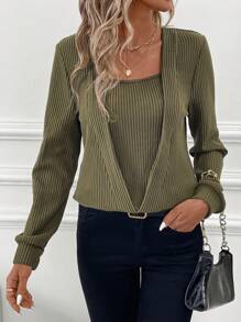 SHEIN Clasi 1pc Women Fleece Waffle Knit Hooded Sweatshirt In Fall/Winter - Army Green - View 5