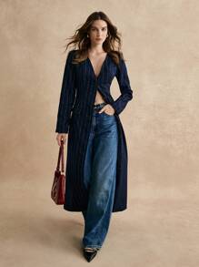 Poéselle 女士西装外套长款西装外套 V 领单排扣海军蓝条纹西装商务办公休闲西装外套优雅条纹单排扣夹克秋冬女装，轻松时尚必备 - 藏蓝色 - 查看 3