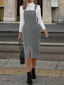 SHEIN Clasi 女士黑白格子无袖背带裙，秋冬女装 - 黑與白 - 查看 6