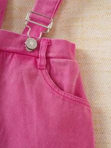 SHEIN Baby Girl Summer Denim Suspender Skirt And Solid Simple Ruffle Trim Top 2-Piece Set - Pink - View 8