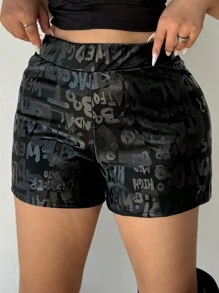 POPSWAY Plus Size Women Letter Print 3/4 PU Leather Shorts - Black - View 1