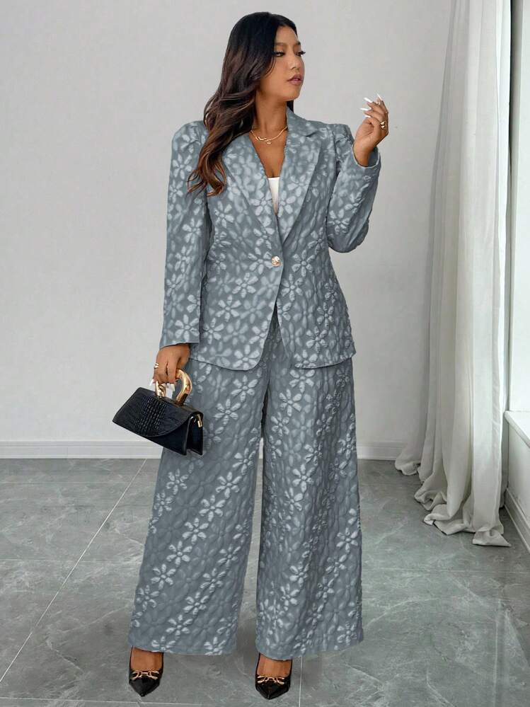 Elenzga Set de 2 piezas de top de manga larga con un solo botón y pantalones largos con estampado floral para tallas grandes - Azul - Añade 3