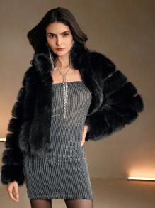 Anewsta Women's Autumn And Winter Casual Elegant Elegant Stand Collar Furry Jacket - Black - View 1