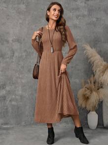 SHEIN LUNE 圆领、长袖、灯笼袖、大裙摆长裙、中长款女装、秋季女装、冬季女装 - 咖啡棕 - 查看 5