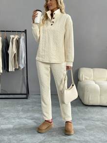 SHEIN LUNE Women 2pcs Set Solid Color Front Button Long Sleeve Casual Top And Pants