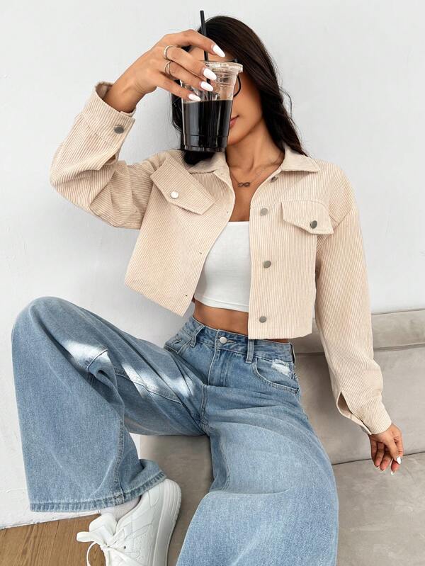 SHEIN PETITE Spring Outfits Drop Shoulder Flap Detail Crop Corduroy Jacket