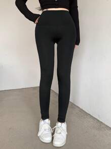 DAZY 女式高腰纯色口袋修身休闲紧身裤，秋季服装女式羊毛紧身裤 - 黑色 - 查看 4