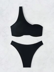 Ensemble de bikini d'été pour femme avec une épaule ornée de métal en couleur unie