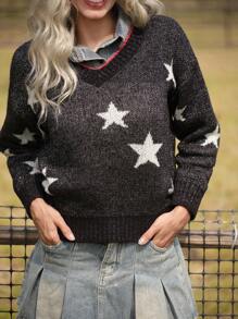 LanaWest Women's Casual Colorblock Star Pattern Sweater For Autumn/Winter