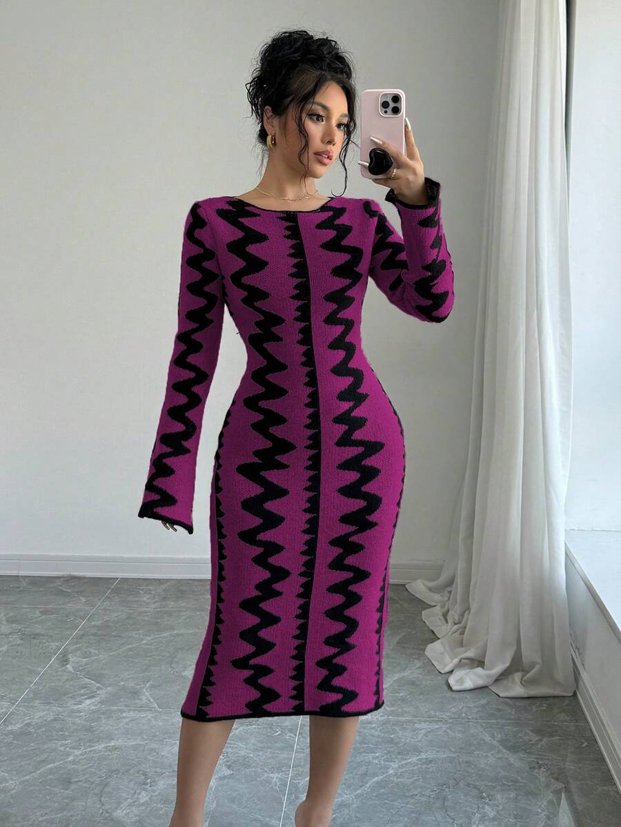 Elenzga Đầm bó sát dệt kim Jacquard thanh lịch cho nữ - Màu tím - Xem 1