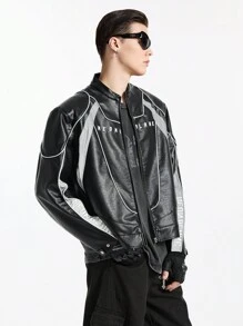 NEON BLANC Chaqueta bomber de manga larga de PU con bordado reflectante, estilo urbano
