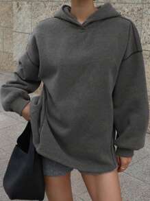 DAZY Solid Color Loose Fit Long Sleeve Hoodie For Women,Long Sleeve Tops,Fall Women Clothes Sweatshirt - Grey - View 5