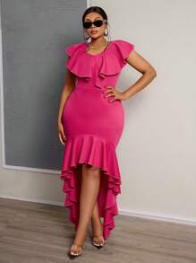 Slaydiva Plus Size Women's Yellow Ruffle Trim Asymmetric Hem Fitted Long Dress, Elegant For Party, Occasion And Date Night, Spring/Summer - Hot Pink - View 1