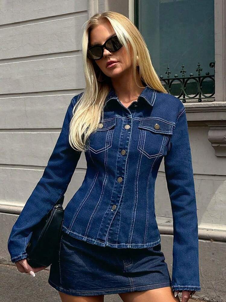 Forever 21 Chaqueta vaquera casual de mujer con mangas largas, cuello vuelto, bolsillo y cintura ajustada para el otoño