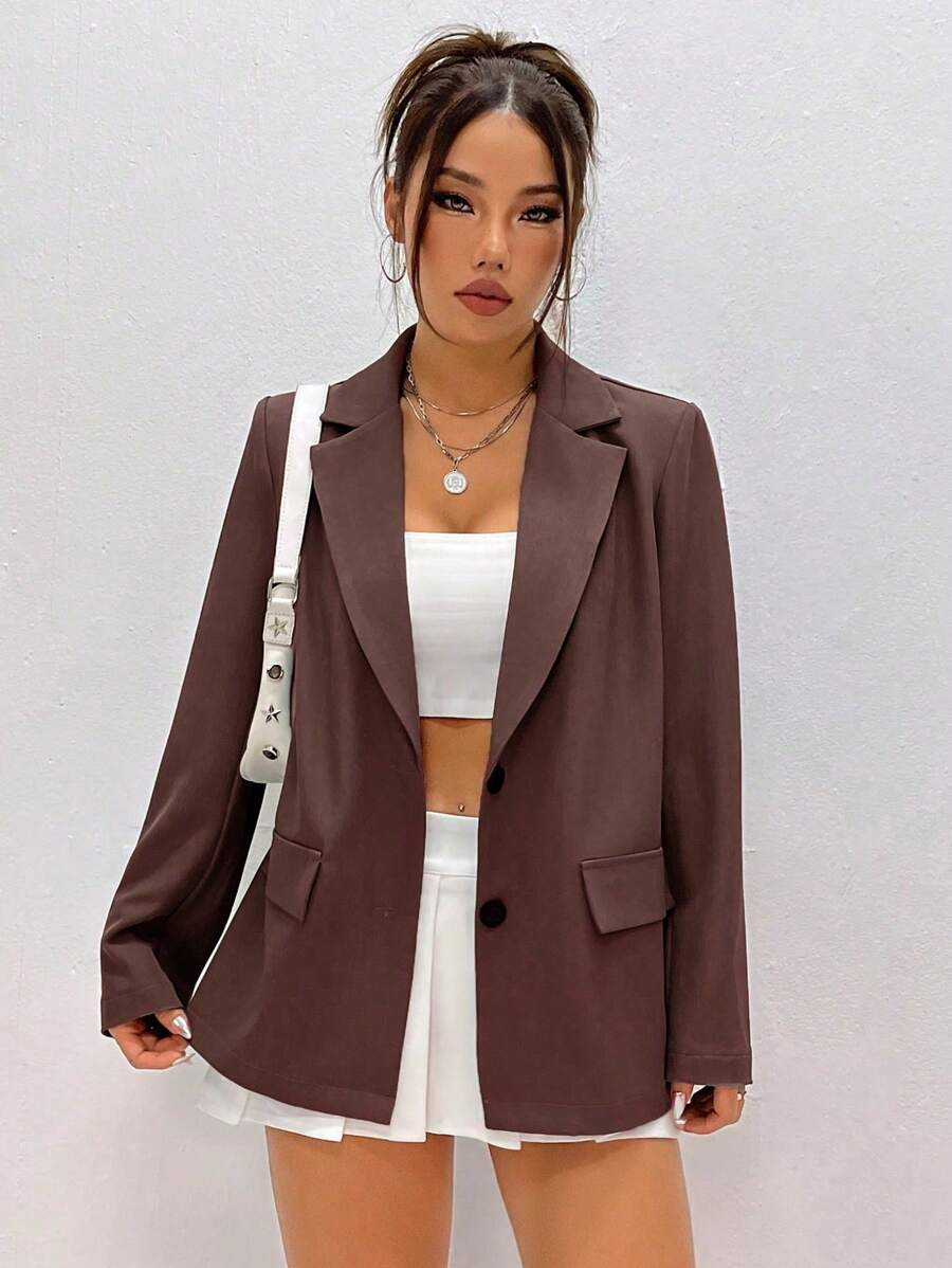 SHEIN Unity 1pc Women's Solid Color Single-Button Elegant Office Wear Long Sleeve Blazer - Coffee Brown - View 1