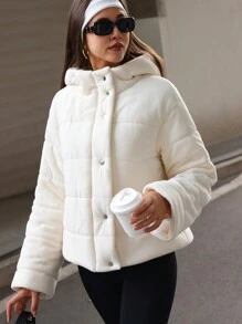 Hanevo 1pc Women's Warm Fuzzy Striped Hooded Long Sleeve Padded Padded Coat, Autumn/Winter Clothes Thermal Fall Cloth For Women - Apricot - View 1