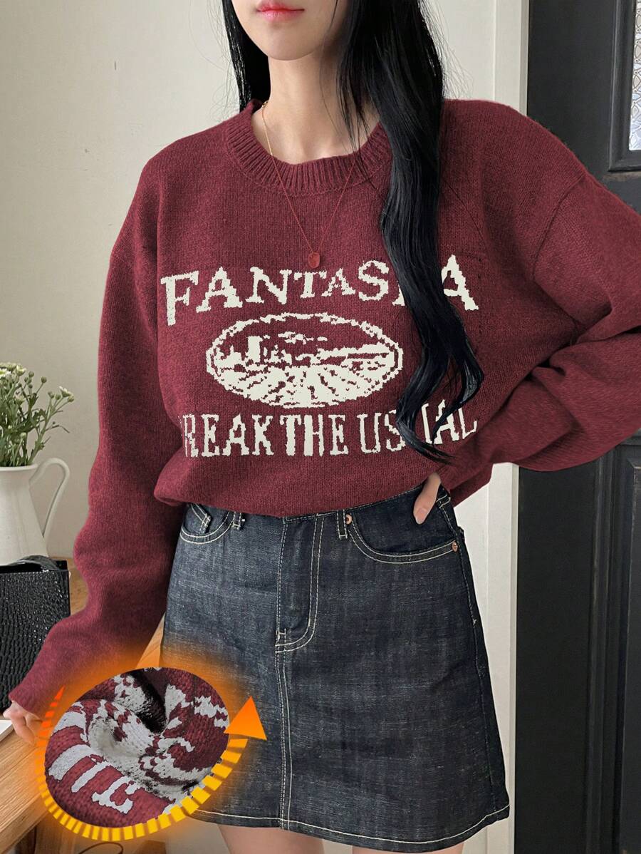 DAZY 1件女士印花字母提花宽松圆领长袖毛衣，长袖上衣，秋季女装保暖内衬 - 酒紅色 - 查看 1