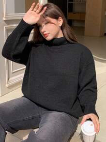 Dazy Petite Plus Áo len nữ cổ lọ tay dài màu đen trơn cỡ lớn, trang phục thường ngày, mặc mùa đông, mùa thu - màu đen - Xem 5