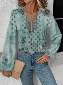 SHEIN LUNE Casual Retro Geometrisch & Bloemig Gemengd Patroon Dames Blouse, Geschikt Voor Herfst/Winter