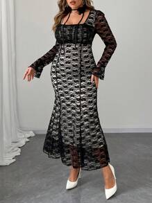 SHEIN Unity Plus Size Square Neck Long Sleeve 3D Floral Fish Tail Dress Fall Cloth For Women - Multicolor - View 4