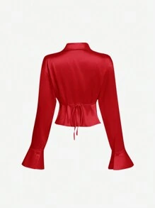 SHEIN MOD 垂坠领缎面喇叭袖衬衫，复古，派对，正式上衣，秋季女士服装，僵尸新娘，万圣节，晚宴，秋季服装，女士生日，返校节上衣，职业女性衬衫，仙女核心，俱乐部上衣