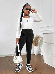 SHEIN Tween Girl's Thick Lined Contrast Color Seam Patch Pockets Leggings, Warm For Autumn/Winter - Black - View 3