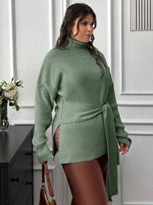 EURMUSE Plus Turtle-Neck Tie-Up Detailed Sweater With Rib Knit Detailed - Mint Green - View 5