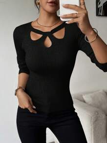 SHEIN Clasi Pull-over femme d'une seule couleur avec col ajouré, couche de base, tenue décontractée chic pour le travail, robe d'invité de mariage d'automne, Top à manches longues - Noir - Voir 5