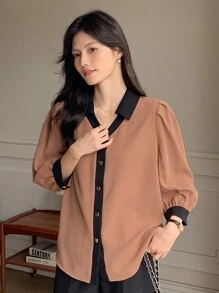 DAZY 女式撞色 3/4 袖衬衫，优雅时尚 - 卡其色 - 查看 7