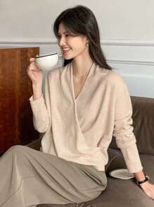 DAZY كنزة صوفية صوفية أنيقة وأنيقة بياقة على شكل V وأكمام طويلة، لون أحادي، تفاف متقاطع، للموسم الخريفي