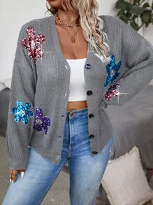 Calvaya Plus Size Front Button Long Sleeve Sequined Simple Top For Daily Casual