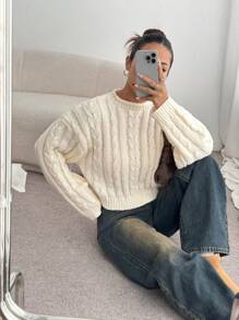 Flirla Femmes Chandail court en tricot à grosse maille à col roulé, épaules tombantes, coupe ample, couleur unie, pour un usage quotidien et décontracté