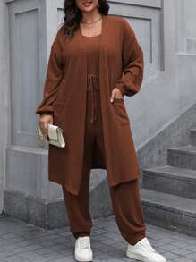 Calvaya Conjunto de 2 Peças, Macacão e Jaqueta em Cor Sólida com Textura Canelada, Plus Size, Casual para Uso Diário, Outono/Inverno