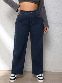 SHEIN EZwear 大码秋季时尚休闲百搭斜口袋男友风牛仔裤 - 藍色 - 查看 1
