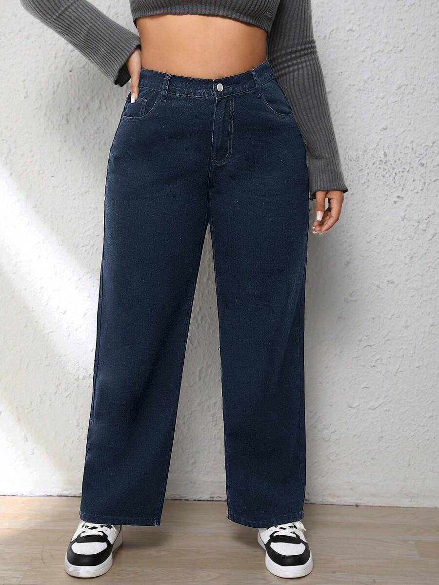 SHEIN EZwear 大码秋季时尚休闲百搭斜口袋男友风牛仔裤 - 藍色 - 查看 1