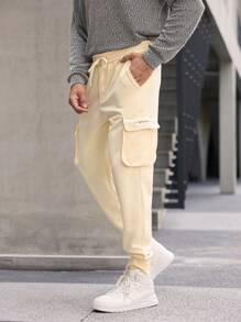 Manfinity Homme Men's Elastic Waist Jogger Cargo Sweatpants , 3D Cargo Pocket Embroidered Khaki Trousers ,Fall Men Clothes