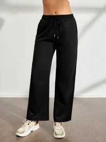 SHEIN Sports Women Solid Color Drawstring Pocket Straight Leg Outdoor Sports Pants