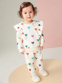 SHEIN Comfortable Baby/Baby Girl Cute Colorful Heart Print Embroidered Detail Top And Pants Set - Apricot - View 5