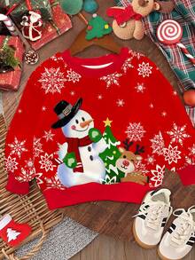 SHEIN Leap Crew Áo nỉ dệt kim dài tay cổ tròn thoải mái, dễ thương, họa tiết bông tuyết màu đỏ dành cho bé gái, thích hợp cho mùa thu đông - Nhiều màu - Xem 2