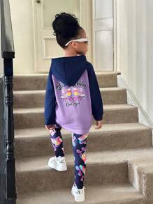 2pcs/Set Little Girls Solid Color Patchwork Long Sleeve Letter Print Graphic Hoodie And Pants Casual Outfit
