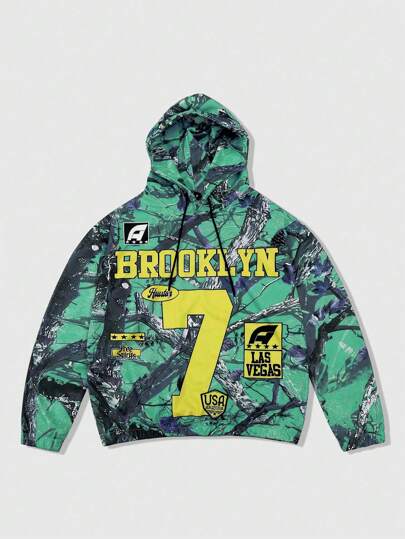 Street Life Men's Casual Everyday Branch & Letter Print Drawstring Hoodie Sweatshirt, Autumn